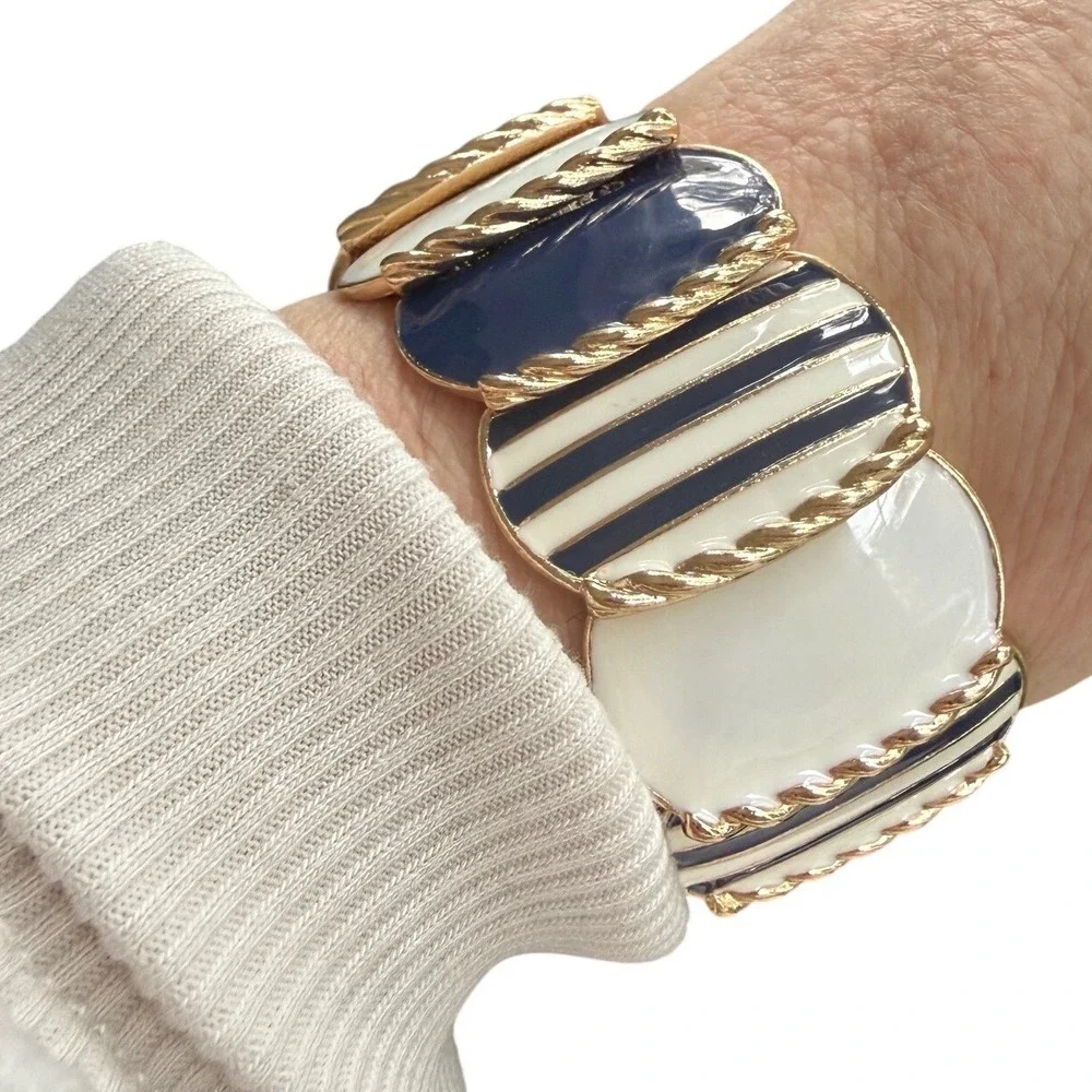 VTG Nautical Navy Blue Cream Enamel Gold Tone Striped Stretch Statement Bracelet